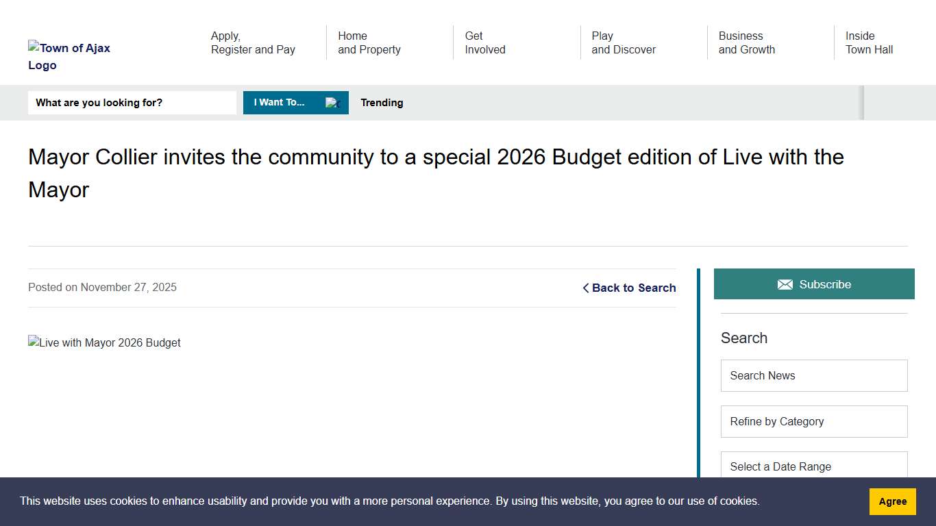 Mayor Collier invites the community to a special 2026 Budget edition of Live with the Mayor - Town of Ajax