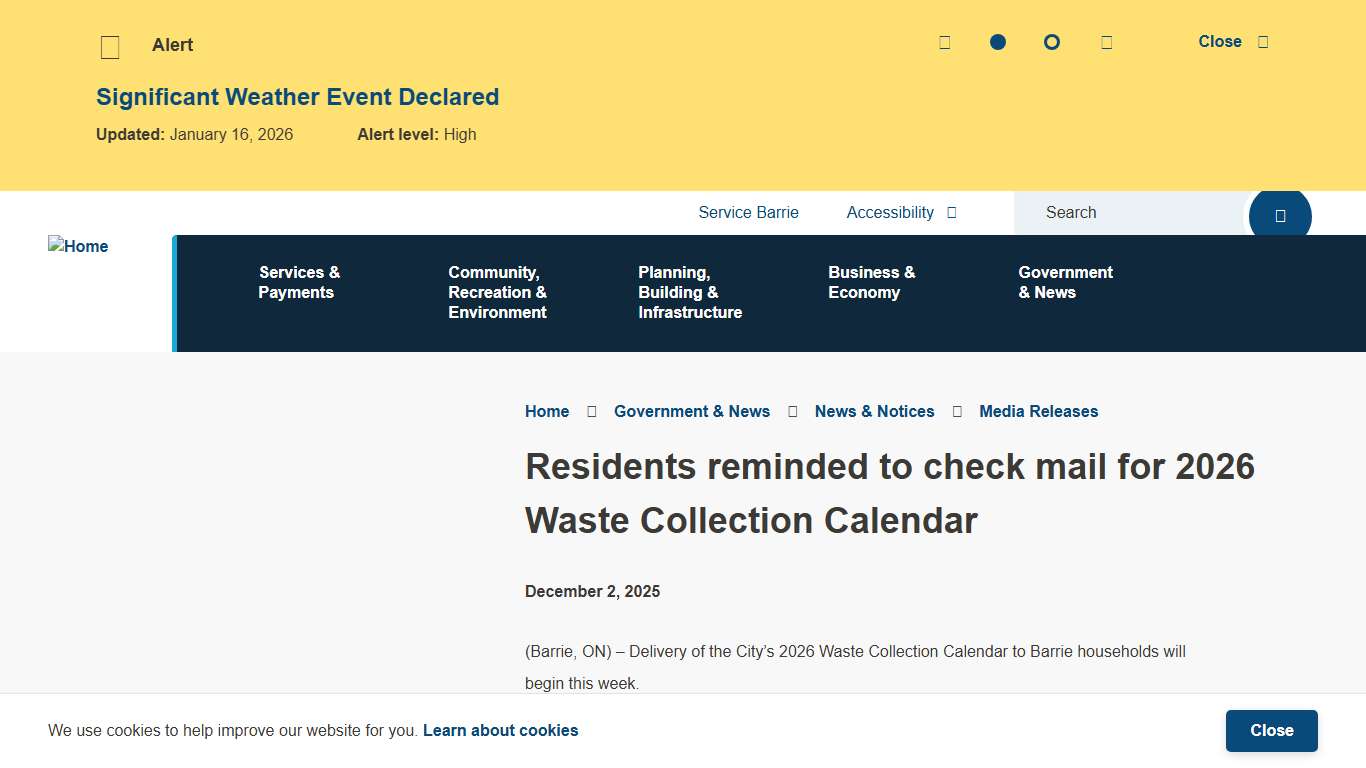 Residents reminded to check mail for 2026 Waste Collection Calendar | City of Barrie