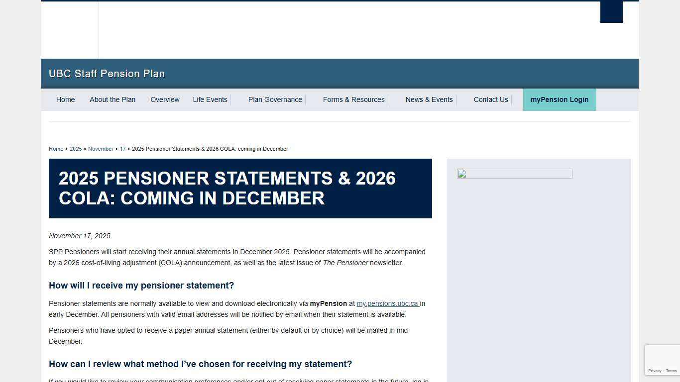 2025 Pensioner Statements & 2026 COLA: coming in December | UBC Staff Pension Plan
